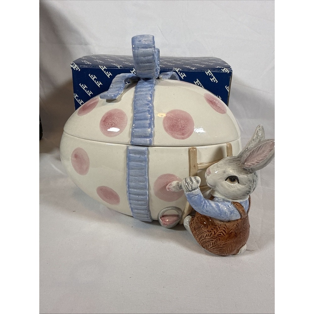 Fitz & Floyd Rabbit Bunny Easter Egg Trinket Box Bowl W Lid Rare 1990 Ceramic